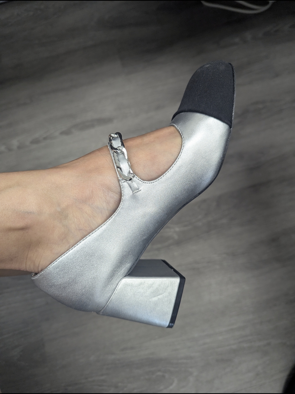 Silver and Black Mary Jane Block Heel Pump